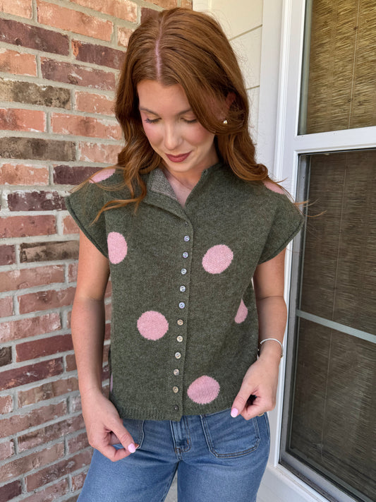 Pinky Polka Dot Button Down Sweater
