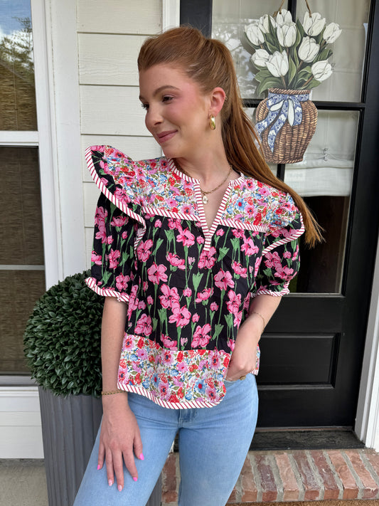 Flutter Florals Black Top