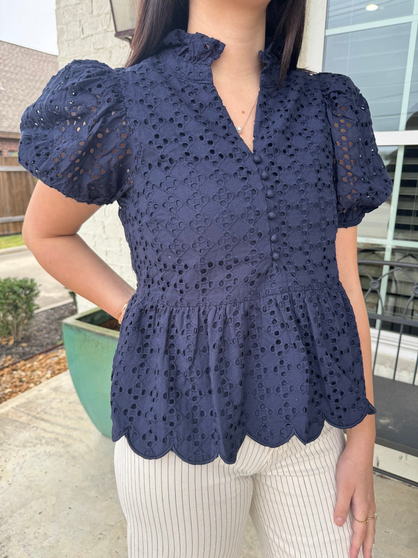 Anchor Navy Eyelet Peplum Blouse