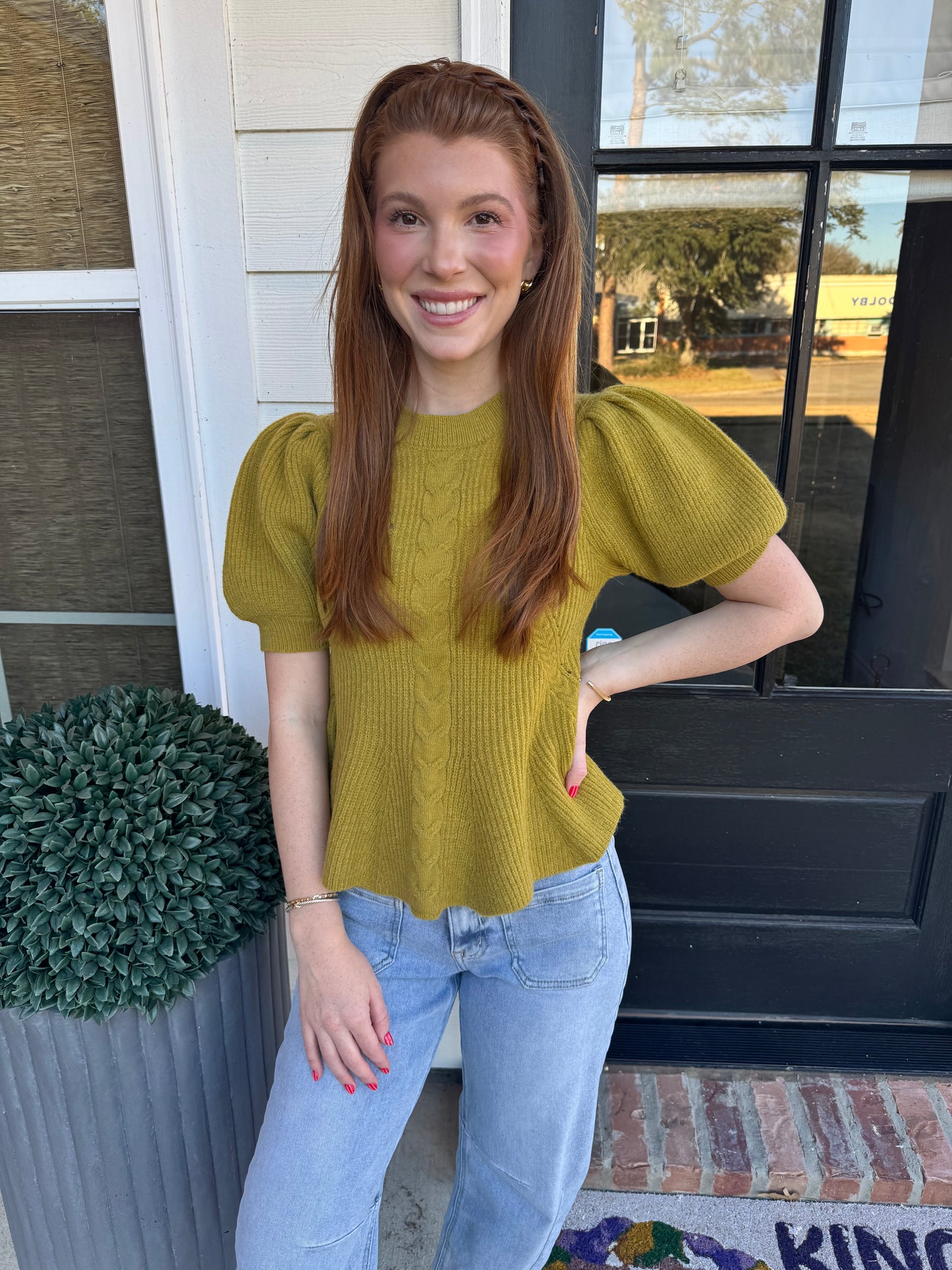 Chartreuse Puff Sleeve Knit Top