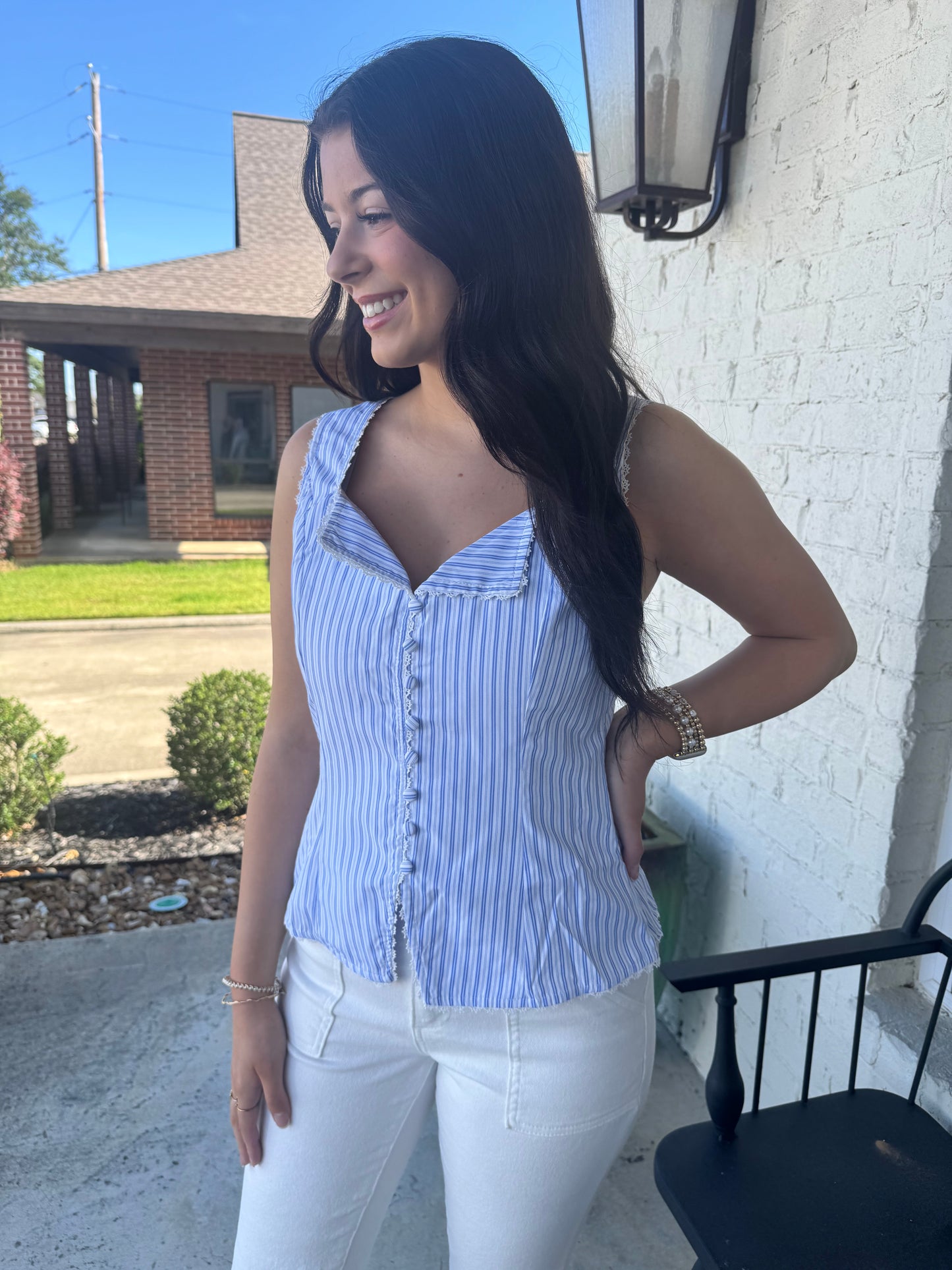 Sailor Pin Stripe Sleeveless Lace Trim Top