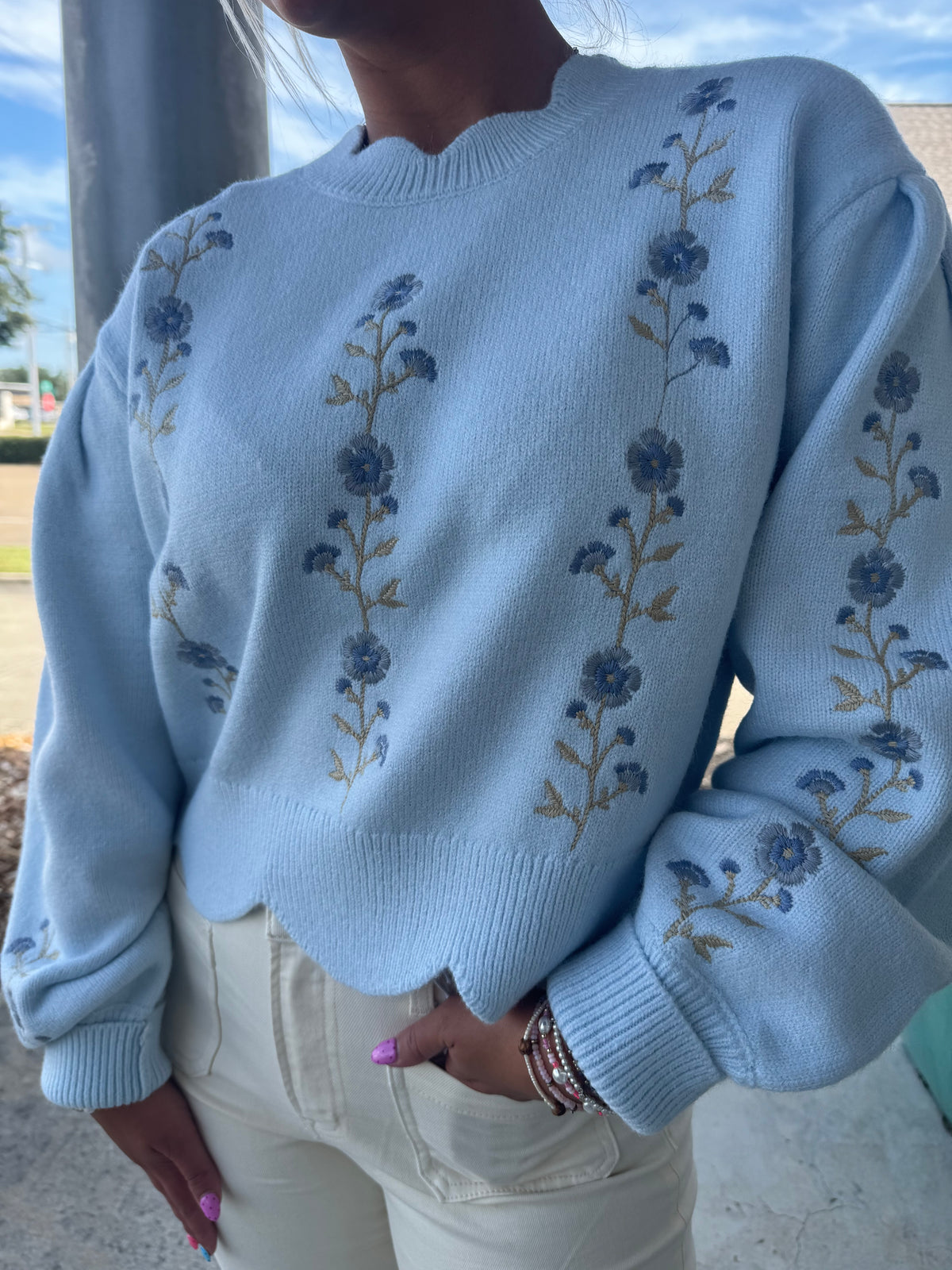 Floral Embroidered Scallop Detail Sweater