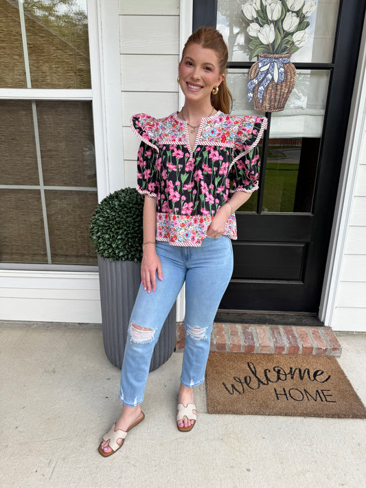 Flutter Florals Black Top