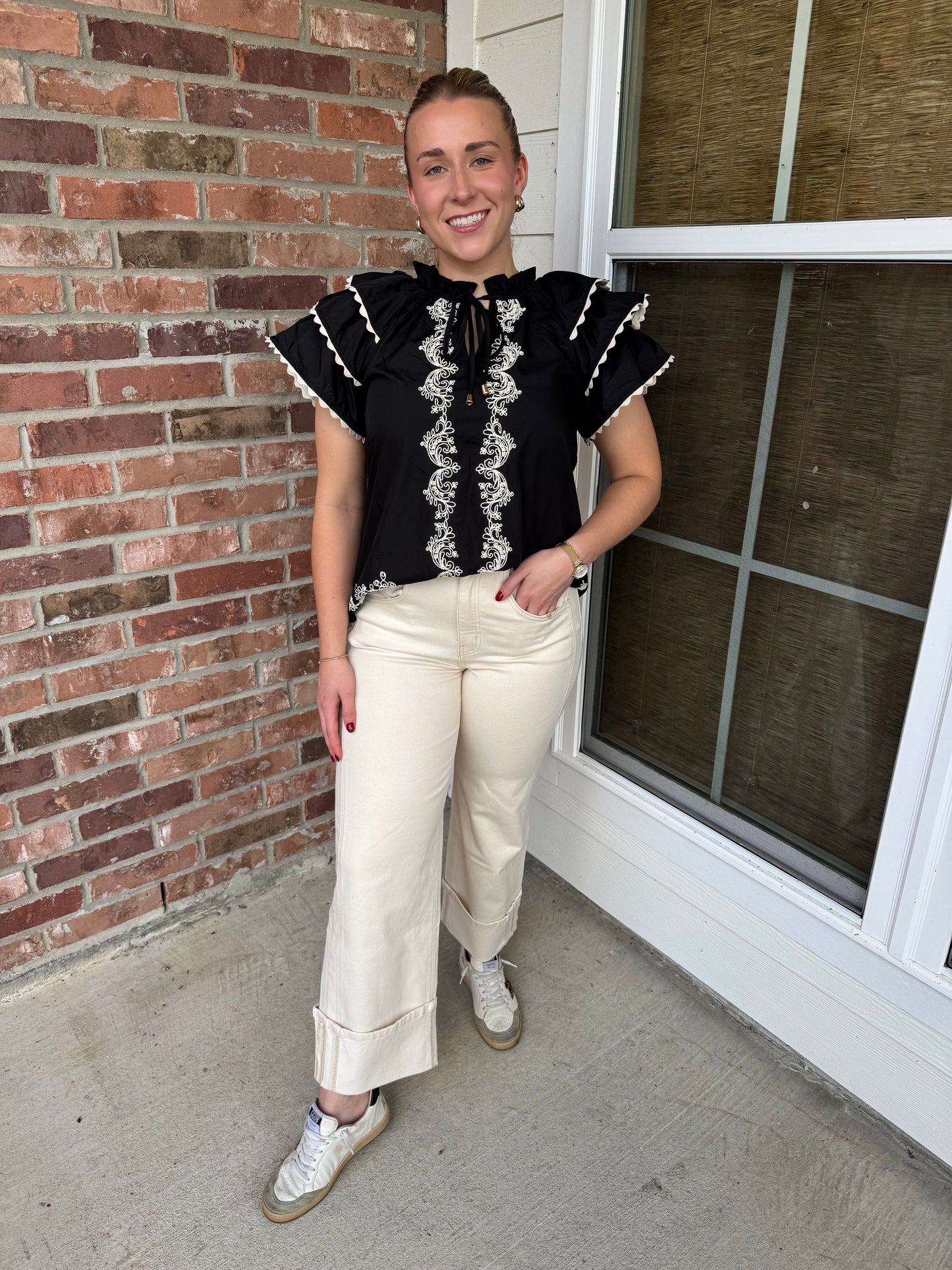 Kingsley Embroidered Flutter Sleeve Top