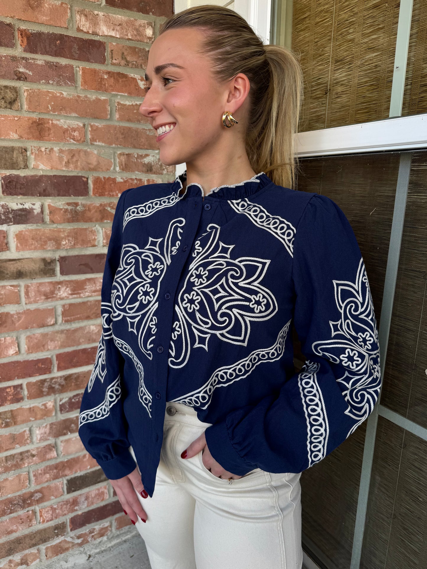 Lainie Embroidered Mock Neck Button Up