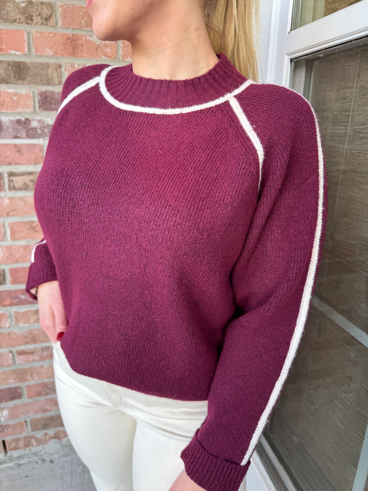Wine Contrast Detail Sweater