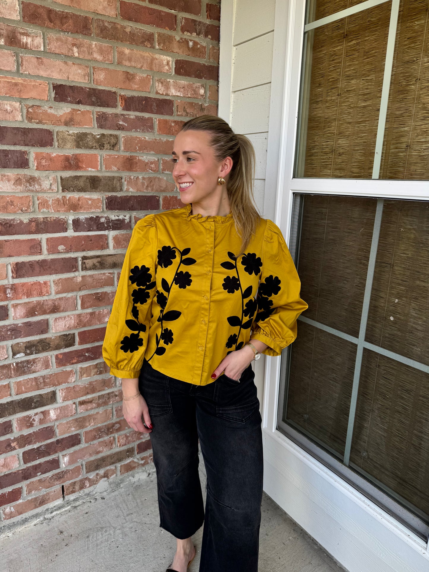 Brooke Mustard Floral Embroidered Top