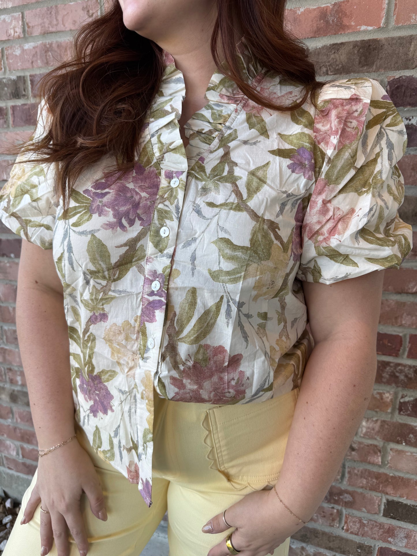Muted Florals Ruffle Neck Top