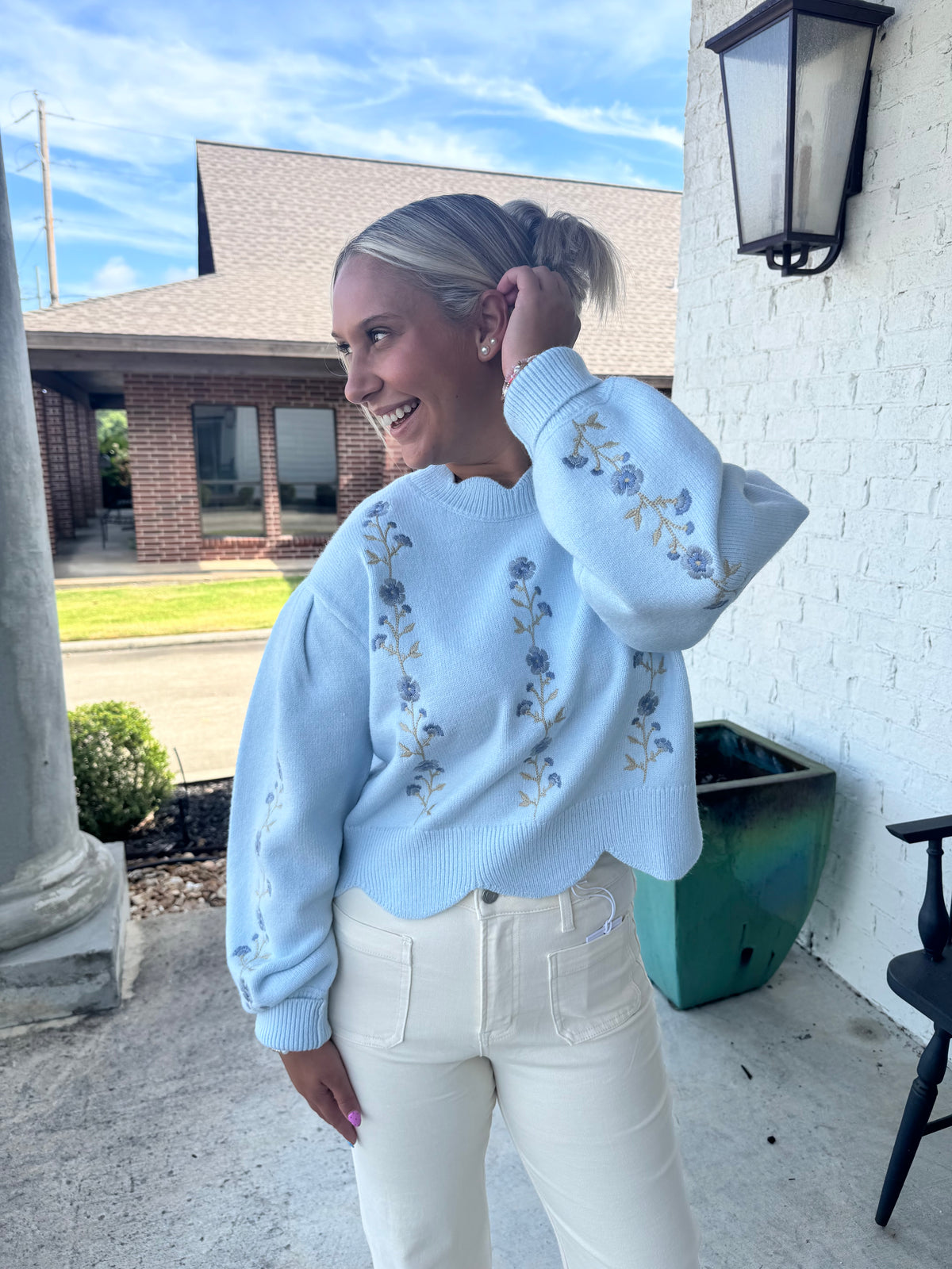 Floral Embroidered Scallop Detail Sweater