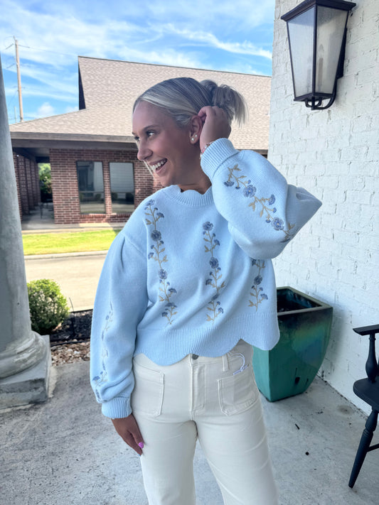 Floral Embroidered Scallop Detail Sweater