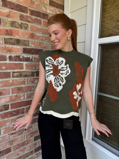 Olive & Copper Floral Sweater Vest