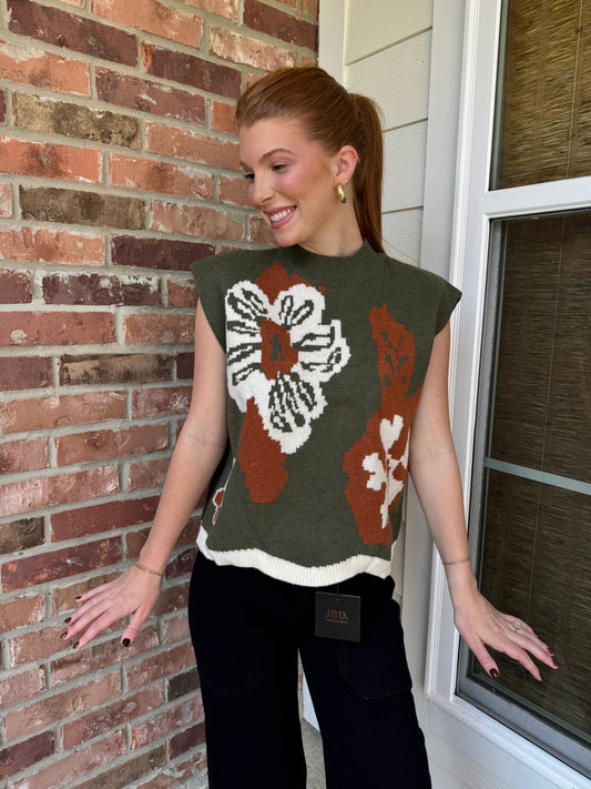 Olive & Copper Floral Sweater Vest