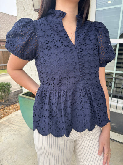 Anchor Navy Eyelet Peplum Blouse