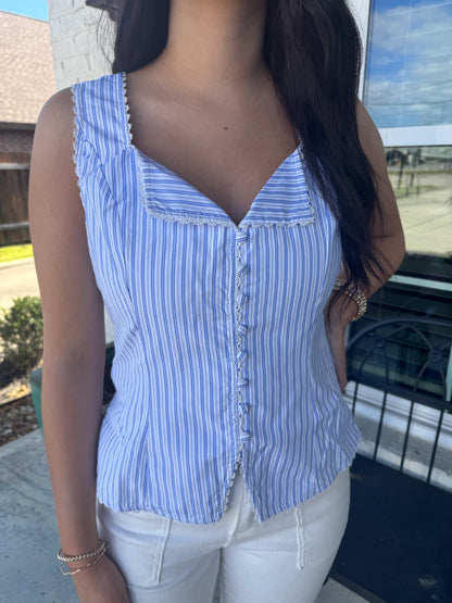 Sailor Pin Stripe Sleeveless Lace Trim Top
