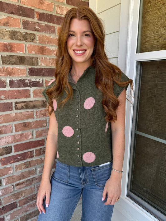 Pinky Polka Dot Button Down Sweater