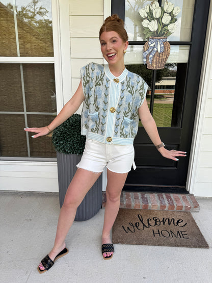 Blue Garden Button Down Sweater Vest