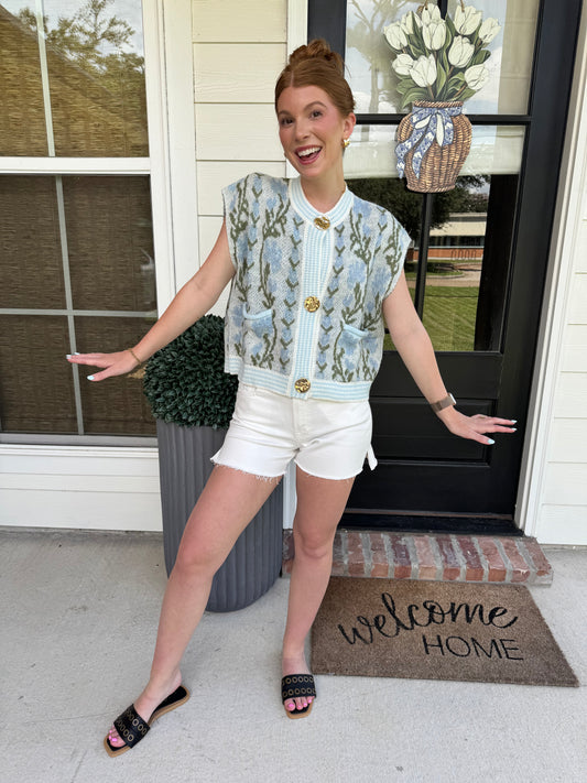 Blue Garden Button Down Sweater Vest