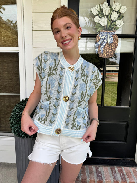 Blue Garden Button Down Sweater Vest