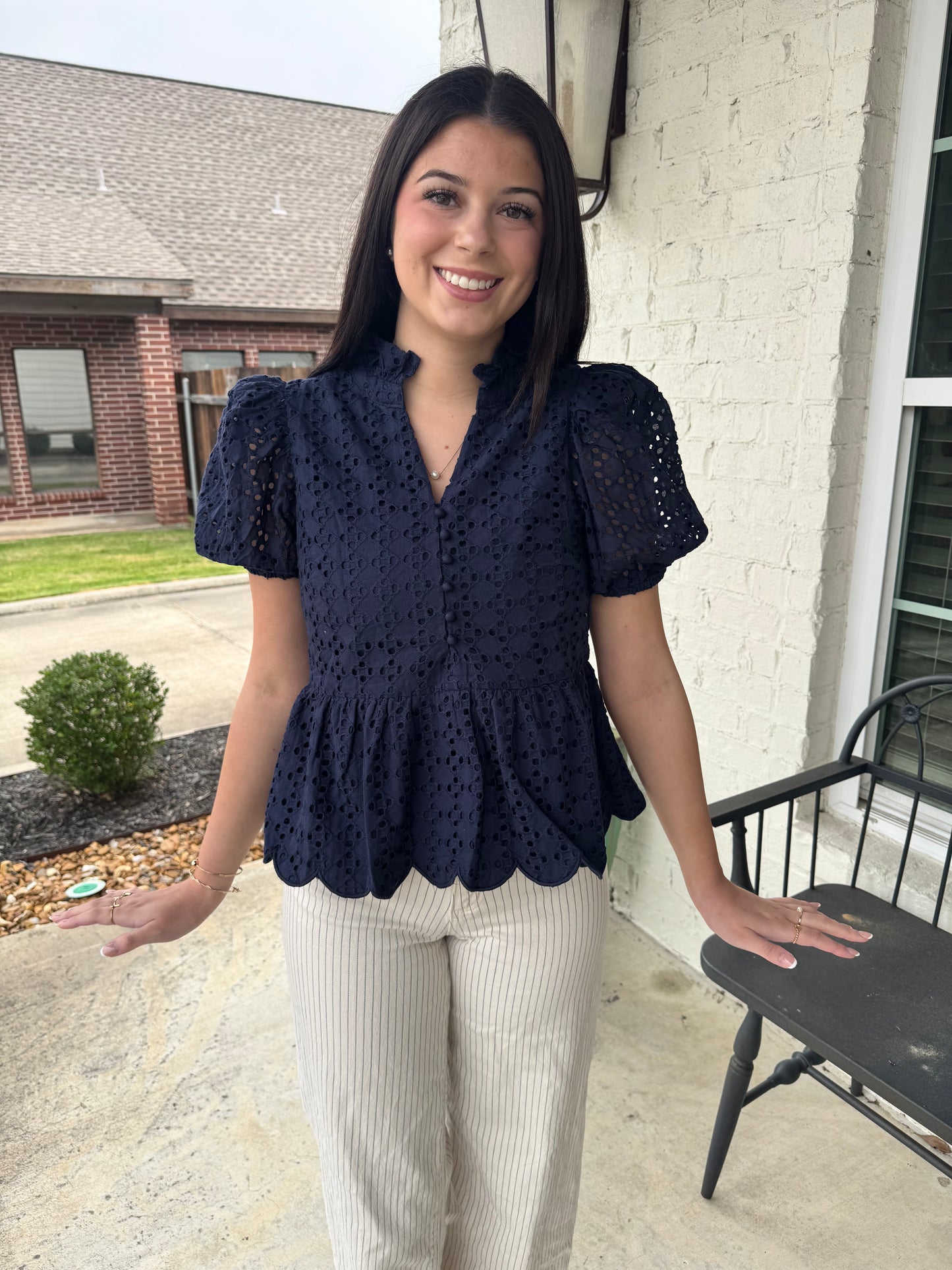 Anchor Navy Eyelet Peplum Blouse