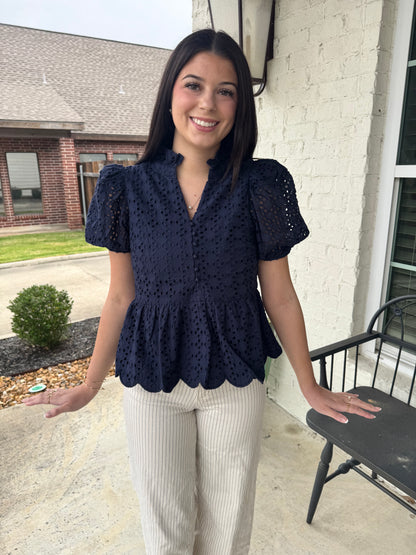 Anchor Navy Eyelet Peplum Blouse