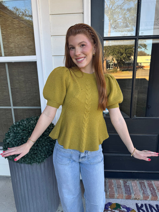 Chartreuse Puff Sleeve Knit Top