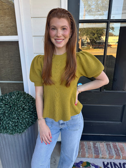 Chartreuse Puff Sleeve Knit Top