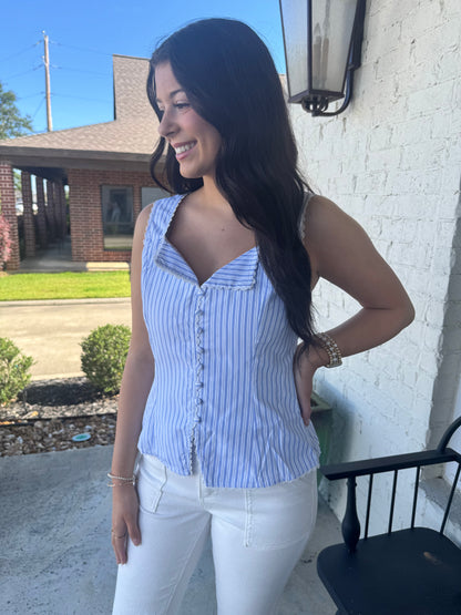 Sailor Pin Stripe Sleeveless Lace Trim Top