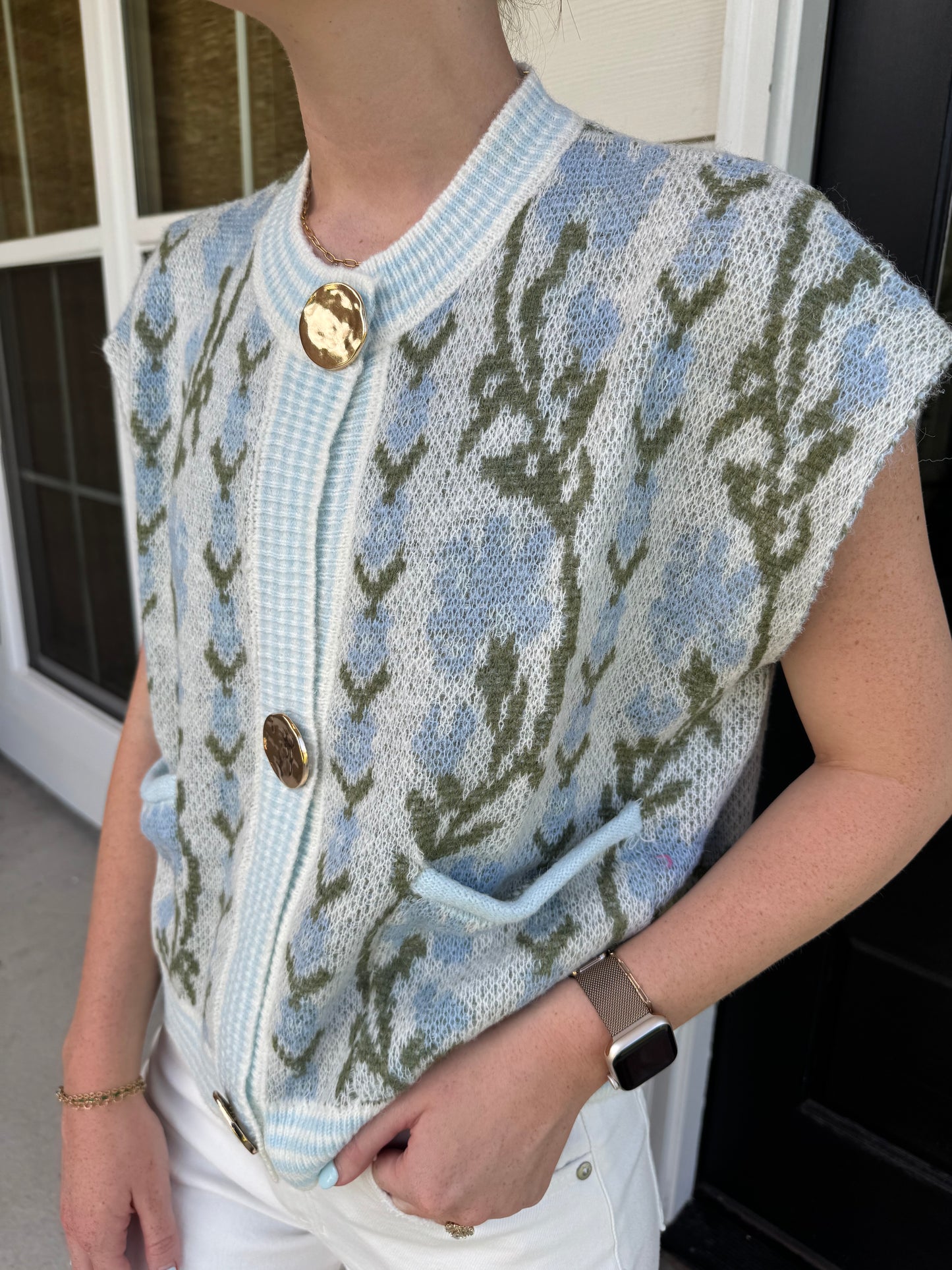 Blue Garden Button Down Sweater Vest