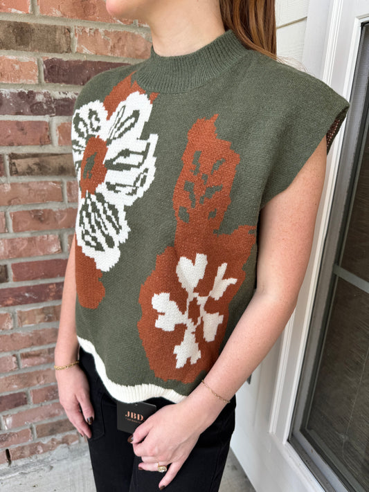 Olive & Copper Floral Sweater Vest