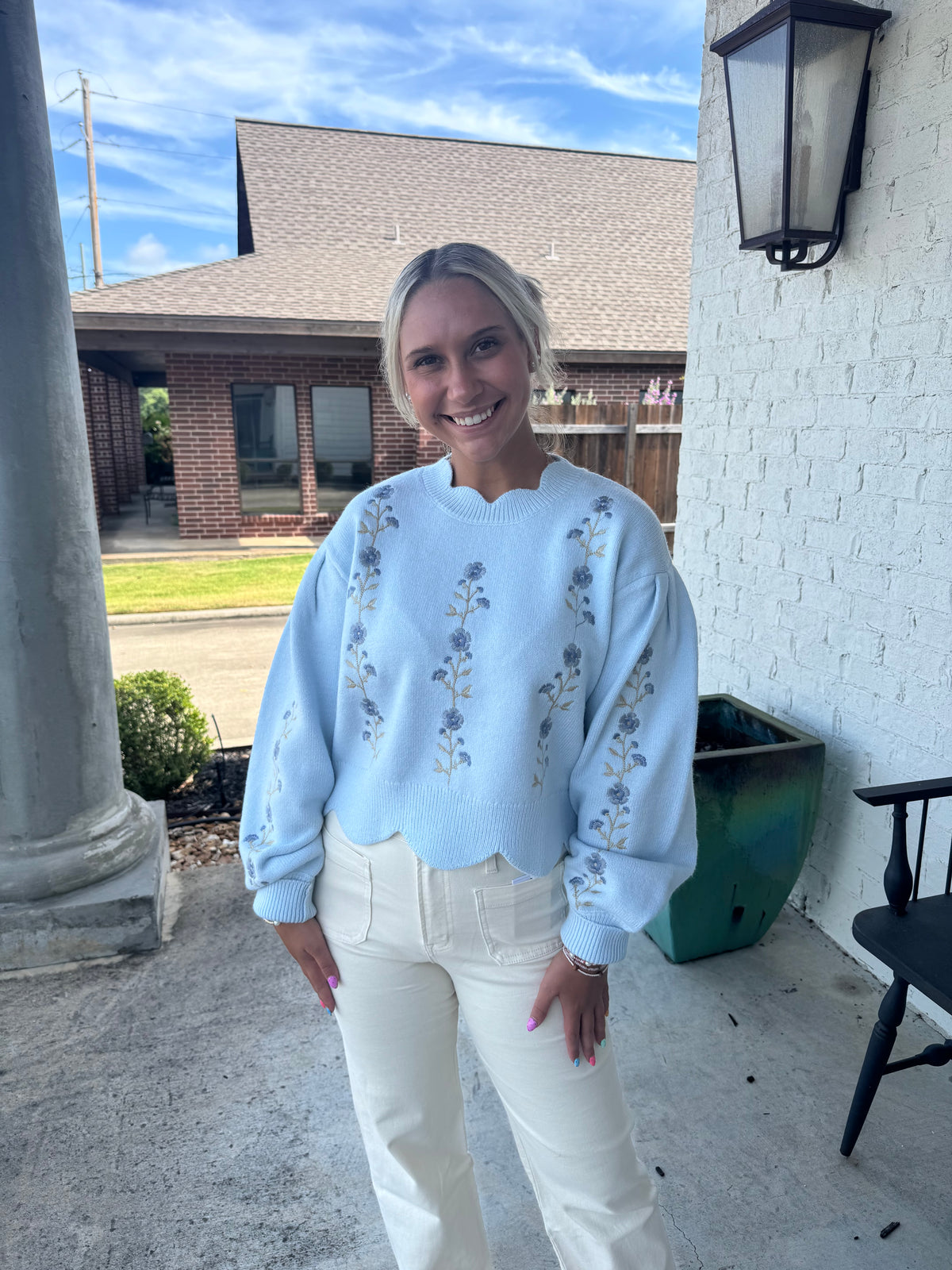 Floral Embroidered Scallop Detail Sweater