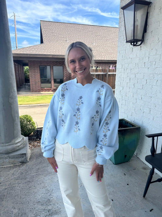 Floral Embroidered Scallop Detail Sweater