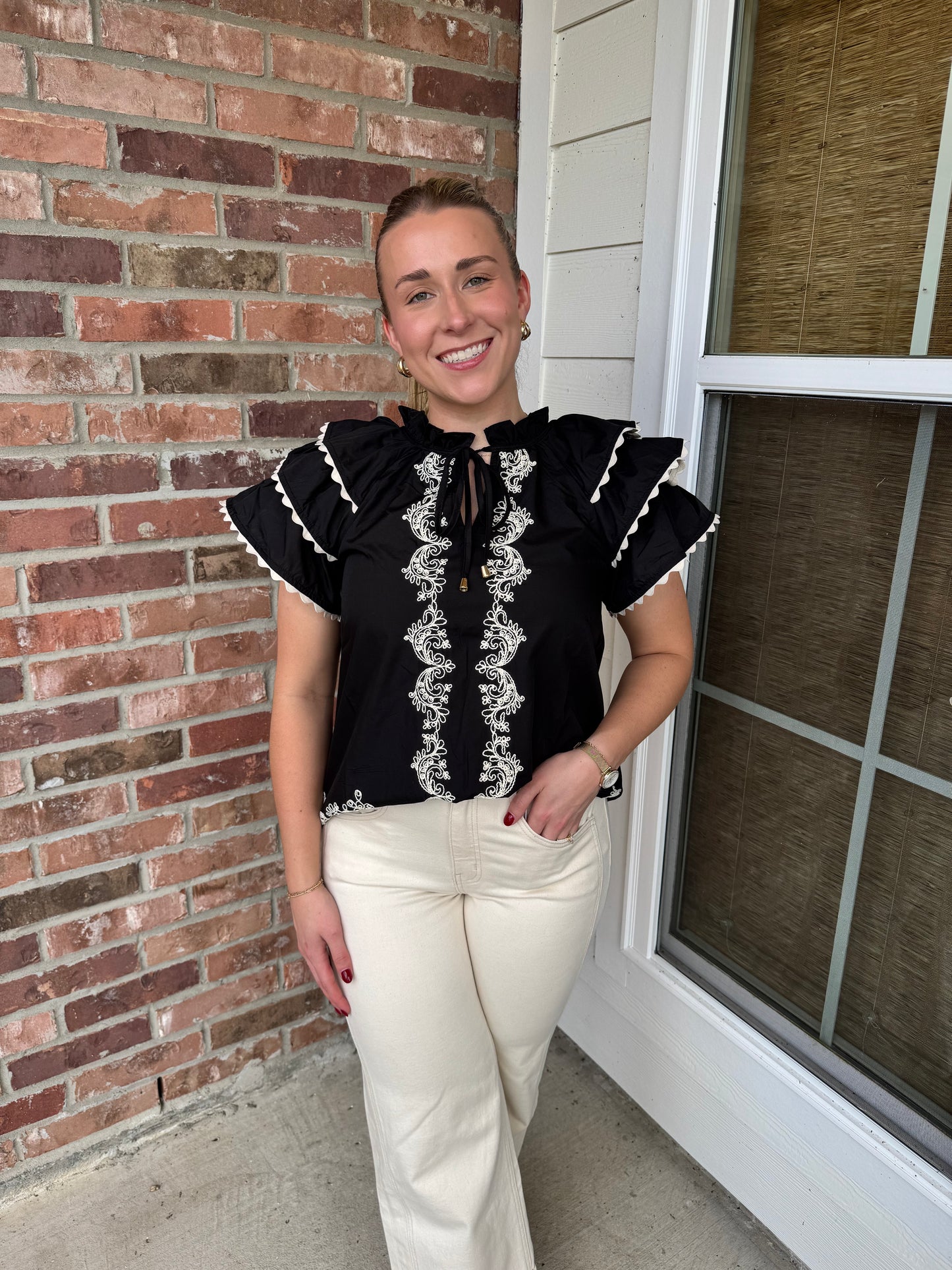 Kingsley Embroidered Flutter Sleeve Top