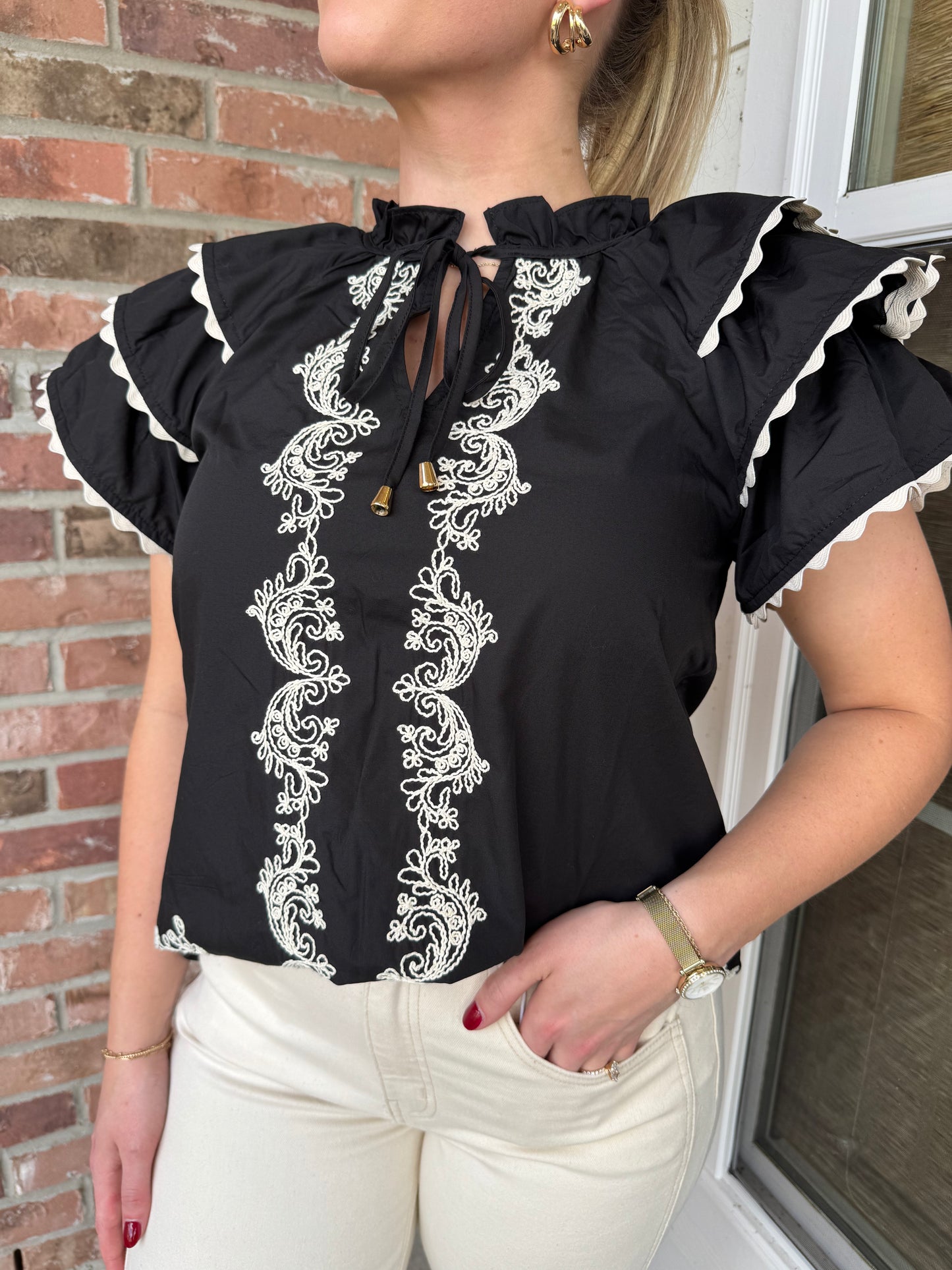 Kingsley Embroidered Flutter Sleeve Top
