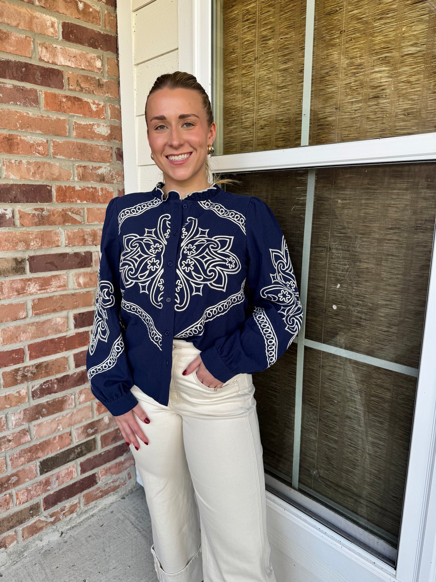 Lainie Embroidered Mock Neck Button Up