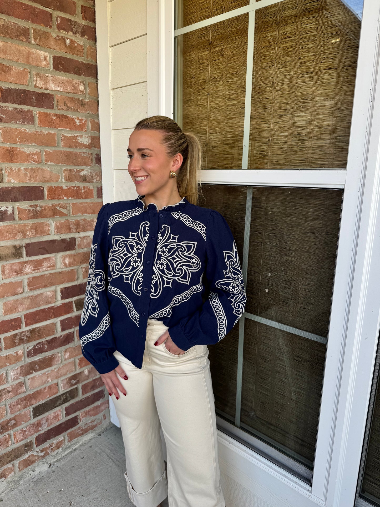 Lainie Embroidered Mock Neck Button Up