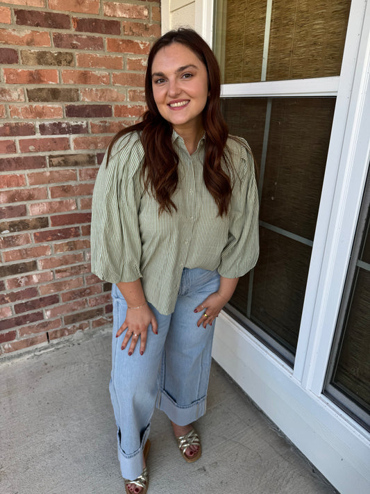 Perfectly Pleated Shoulder Button Down Top