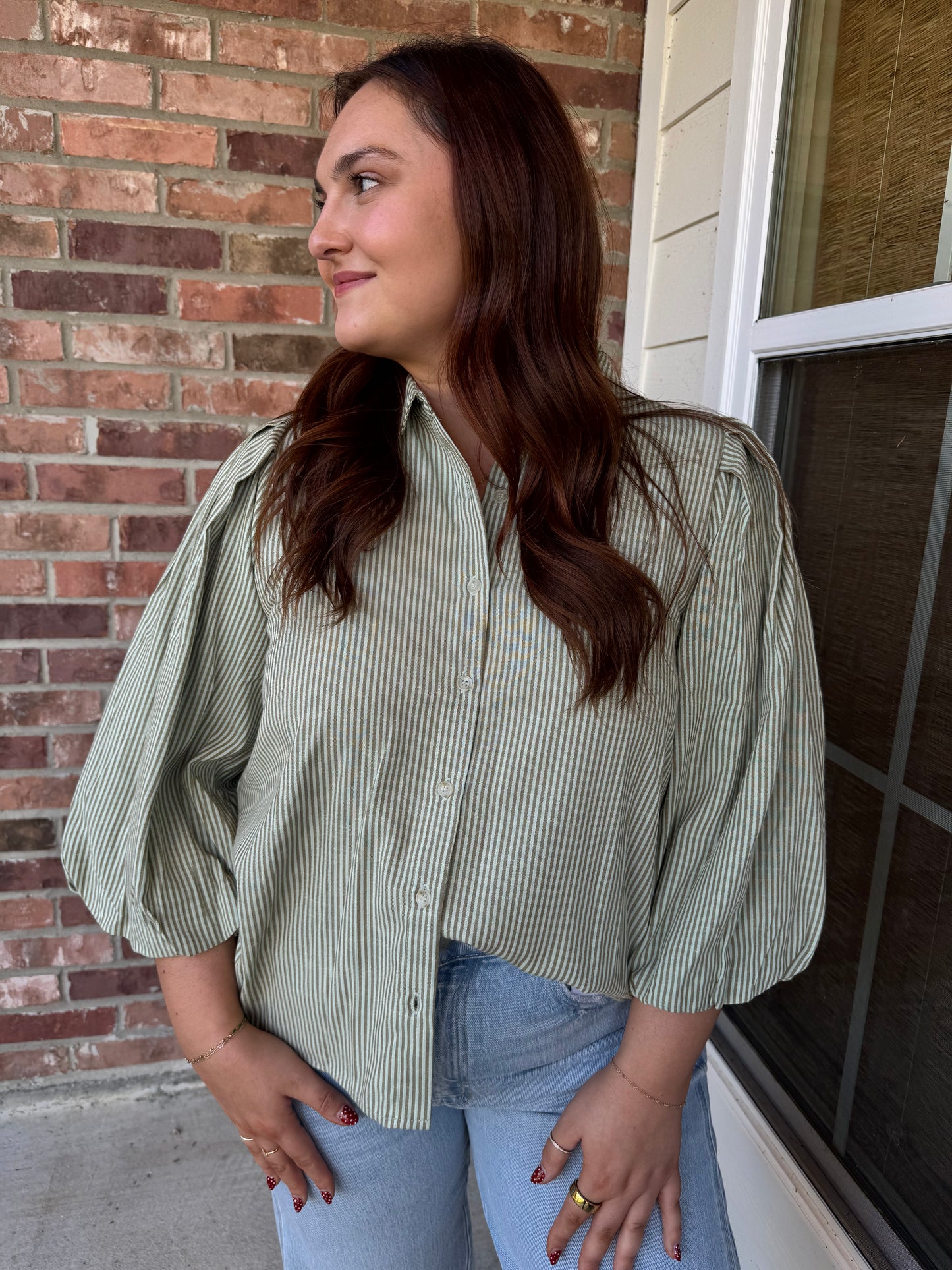 Perfectly Pleated Shoulder Button Down Top