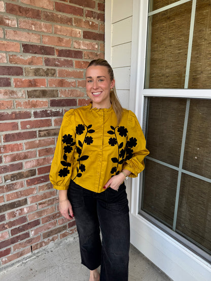 Brooke Mustard Floral Embroidered Top