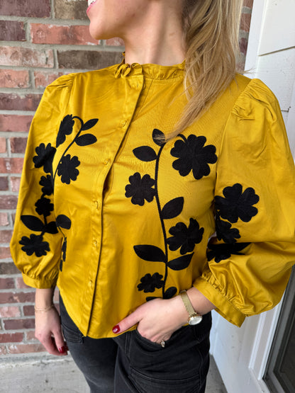 Brooke Mustard Floral Embroidered Top