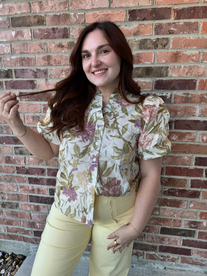 Muted Florals Ruffle Neck Top